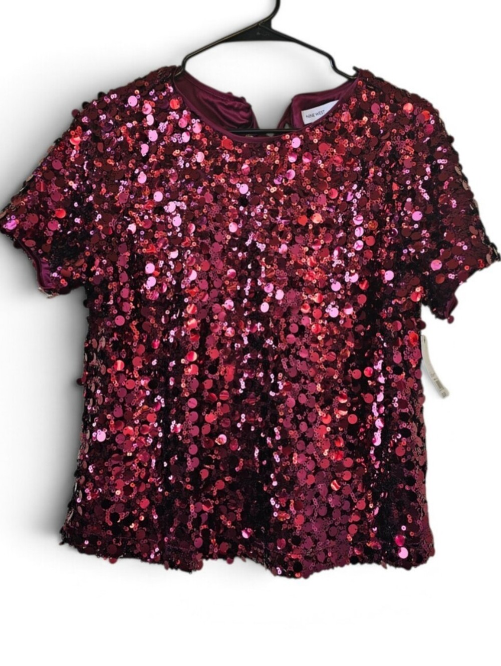 Nine West Sequin Top Burgundy Red Holiday Back Tie New With Tags Size M